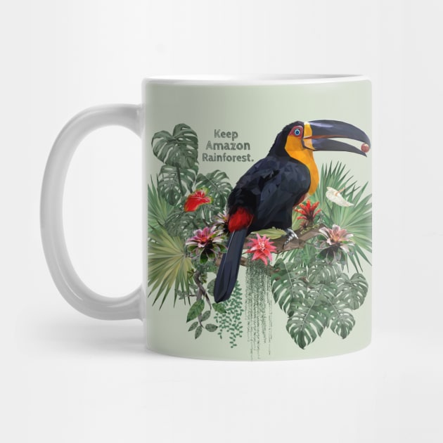 Polygonal art of Ariel toucan bird with Amazon leafs. by Lewzy Design